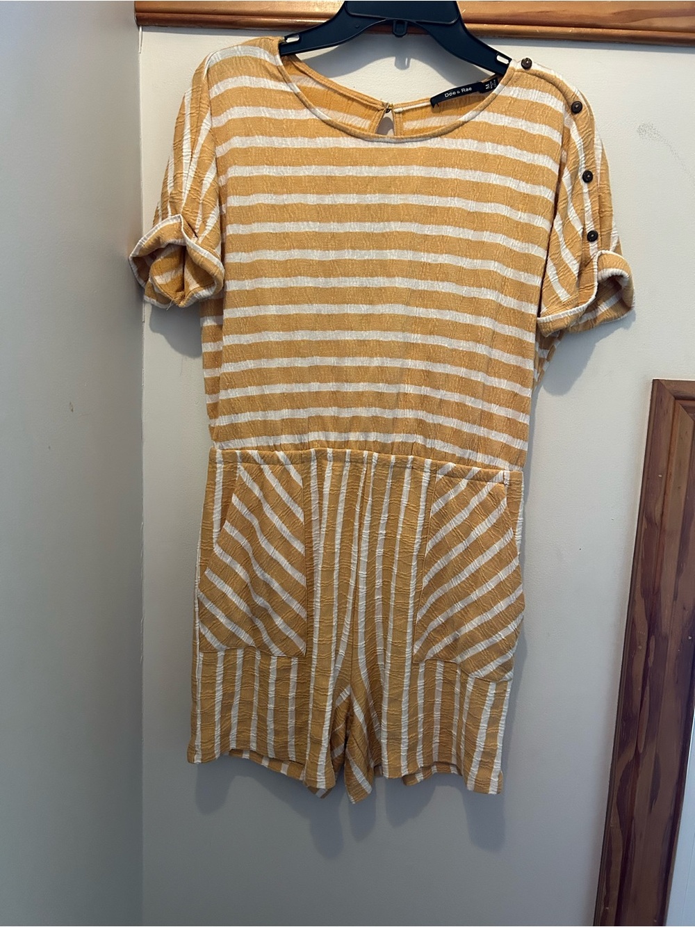 Doe & Rae Mustard and White Striped Short-Sleeve Romper